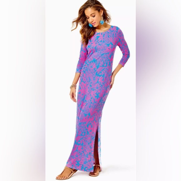 Lilly Pulitzer Morgann 3/4 Sleeve Maxi Dress Aura Pink Leaf An Impression Large - Picture 13 of 14